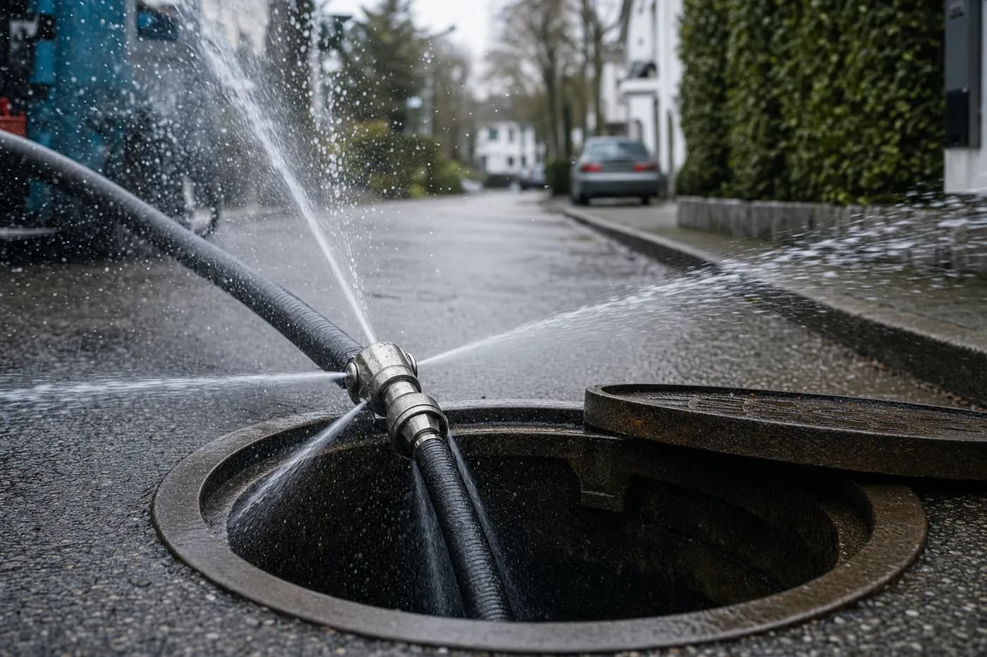 Hochdruckspülung — Grundleitung bis Hauptkanal, Fett, Wurzeln, Ablagerungen
